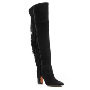 Dolce Vita Black Izie Fringe Pointed Toe High Shaft High-heel Suede Boots, 8
